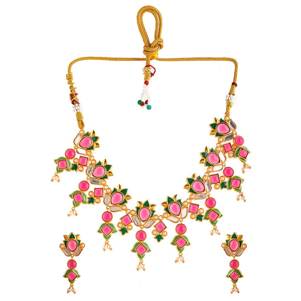 Forever More Green Enamel Tulips Red Stones And Pearls Jewellery Set : 8905124498165