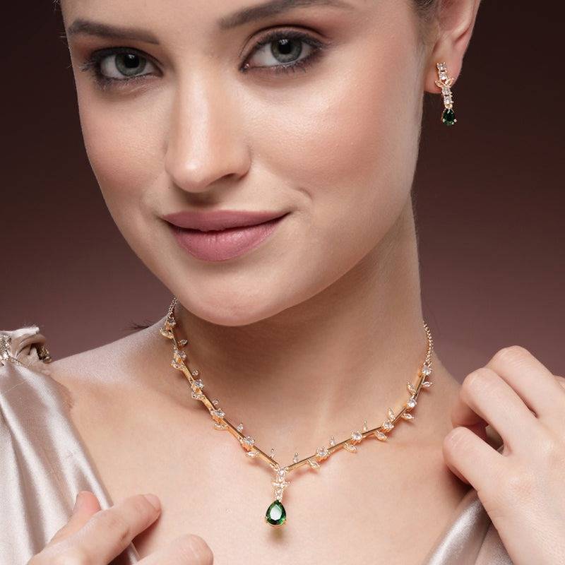 Timeless Elegance: American Diamond Leaf Motif Necklace Set – Chic Lightweight Jewelry For Reception Nights : AD-854-IGGNNKER