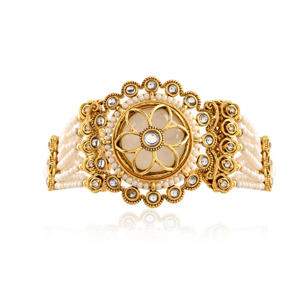 Kundan Opulance White Pearl Floral Yellow Gold-Plated Bracelet : 8905124585476