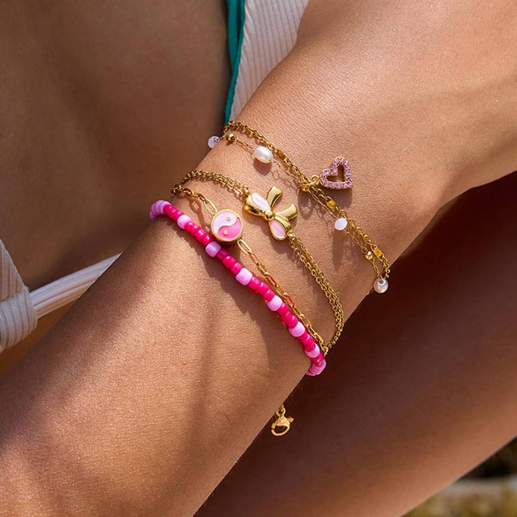 Golden Stainless Steel Premium & Elegant Bracelet For Women – Double Layer Adjustable Chain Bracelet With Pearl Bea : B0205019