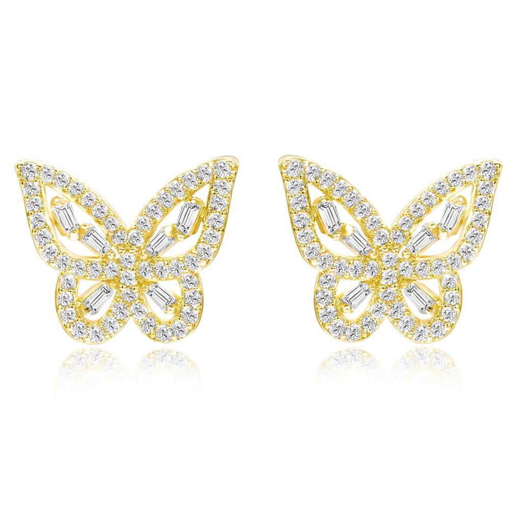 Butterfly Style Cz & Baguette Stone Stud Earrings Jewellery Gift For Women : PF68E337G
