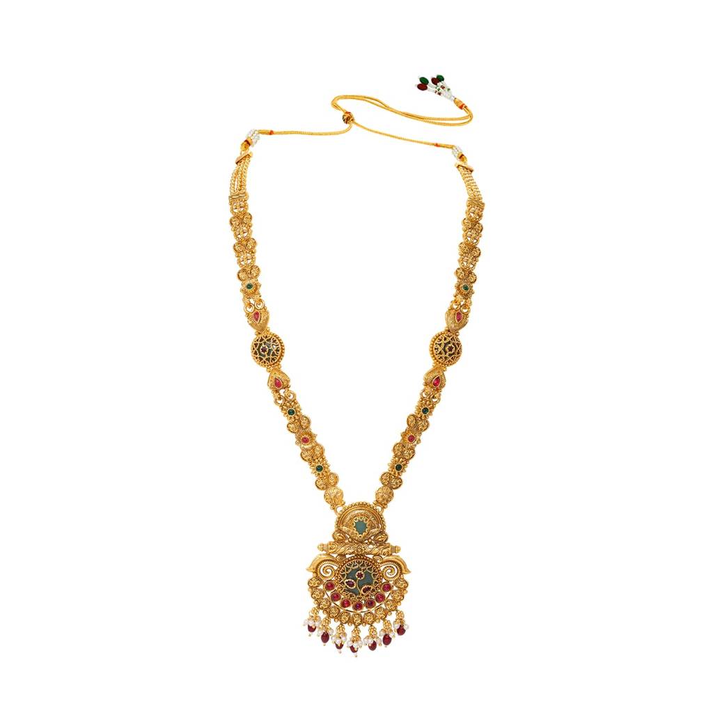 Traditional Gold Plated Necklace Bridal Jewellery Set For Women | Faux Ruby Emerald & Beads, Adjustable Drawstri : PF04BR14RPG