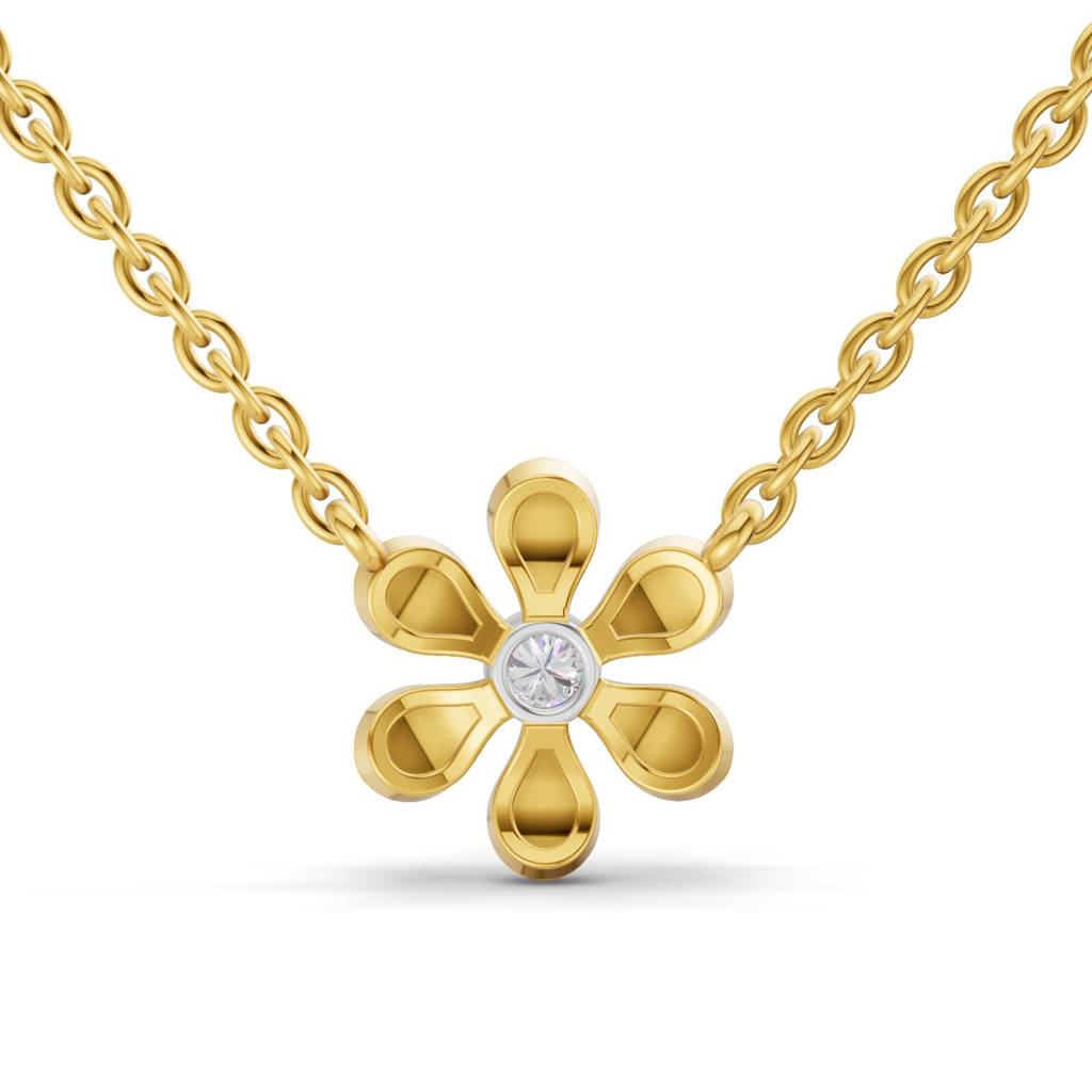 Lab Grown Diamond 0.07Ct Round 925 Sterling Silver Gold Plated Floral Necklace : SQN19734-NK-925S-007CT