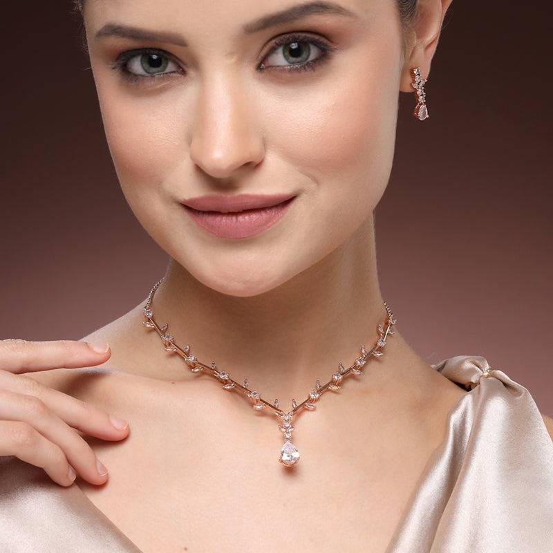 Timeless Elegance: American Diamond Leaf Motif Necklace Set – Chic Lightweight Jewelry For Reception Nights : AD-854-RGWENKER