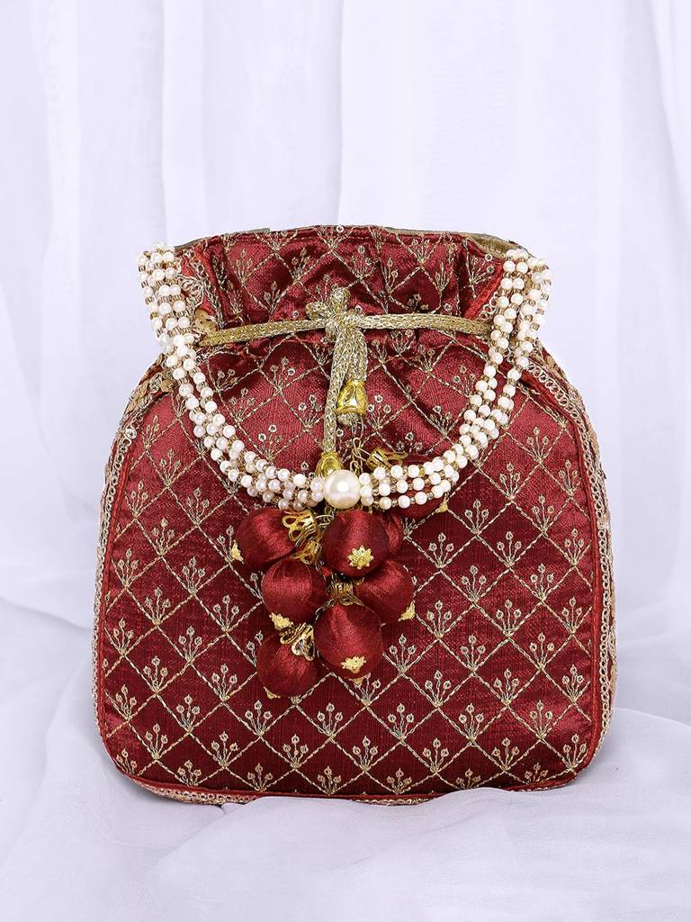 Zari Sequence Potli Bag For Women Stylish Handmade Wristlet Handbag Bridal Purse : P26M