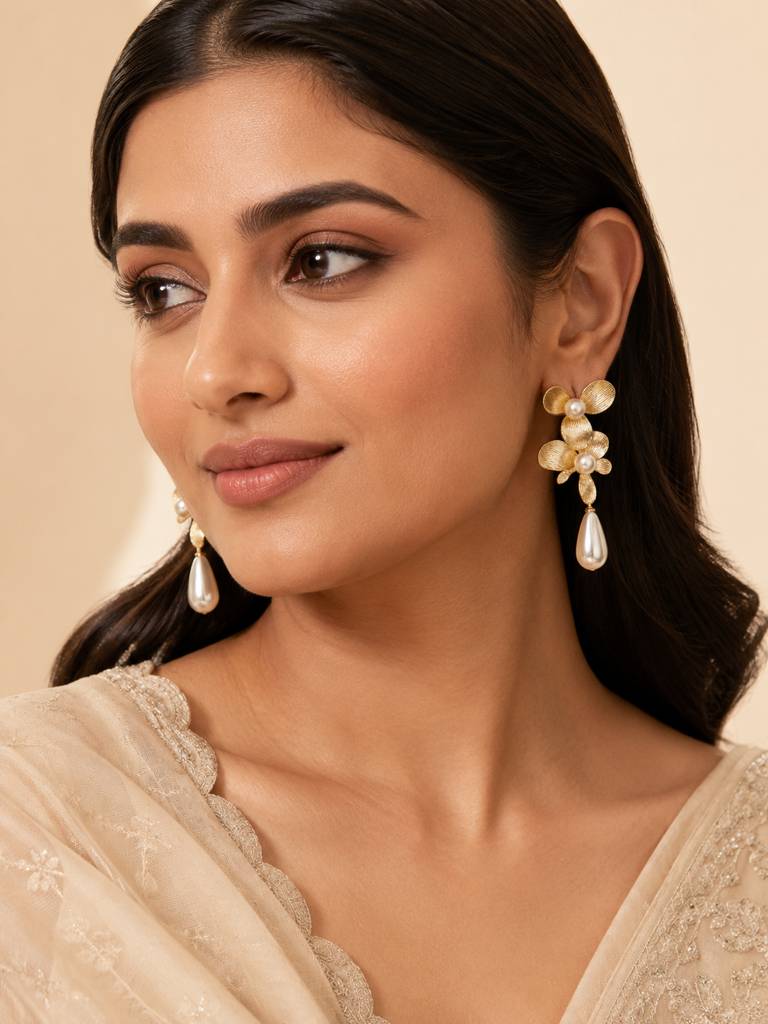 Floral Pearl Drop Gold Statement Earrings : AN-LJ-GO-0074-DE