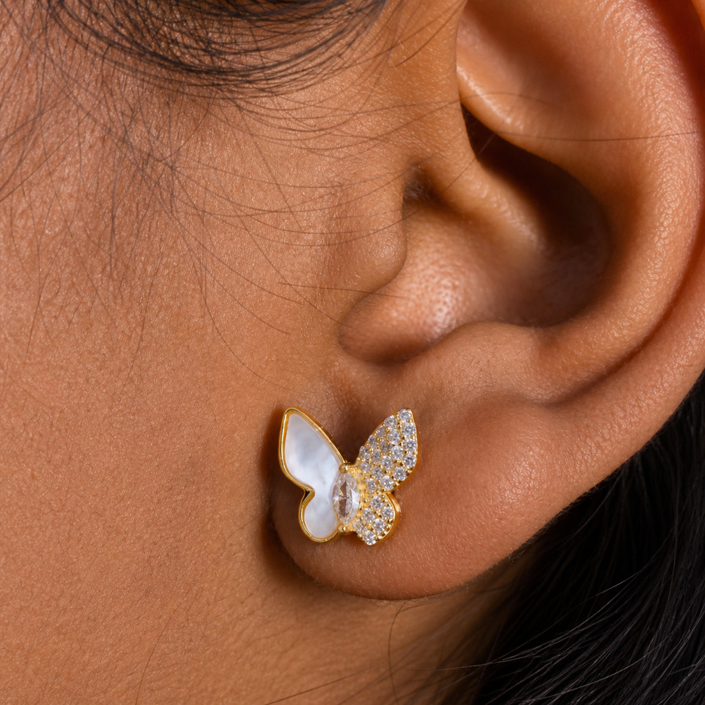 925 Sterling Silver With 22K Gold Plated Dual Wing Butterfly Mother Of Pearl Earrings : SMK-W-ER-044