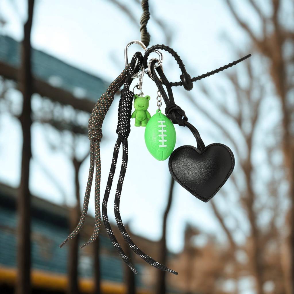 Green Rugby Teddy & Black Heart Bag Charm : C-BG-0007-BK-GR