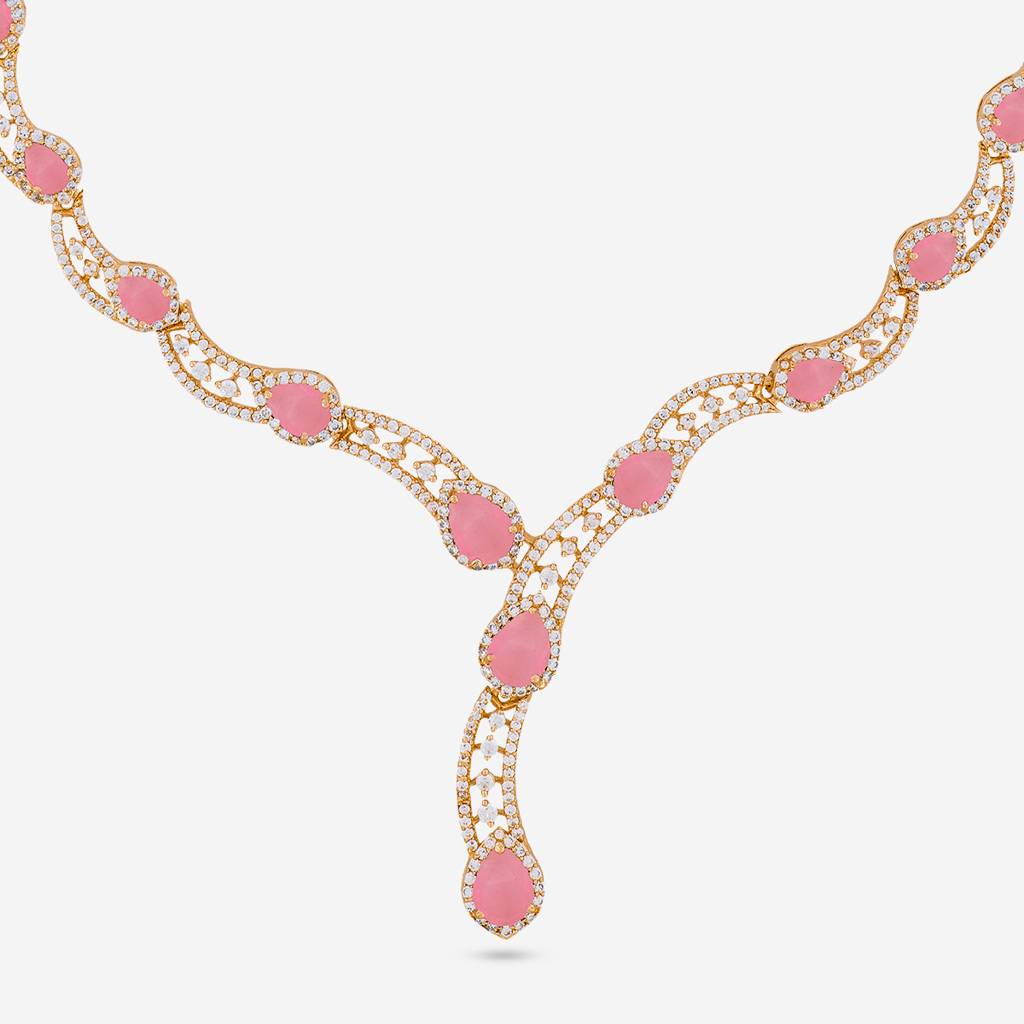 Gold-Rose - Plated Party Wear Zircon Necklace - 469485 : 469484