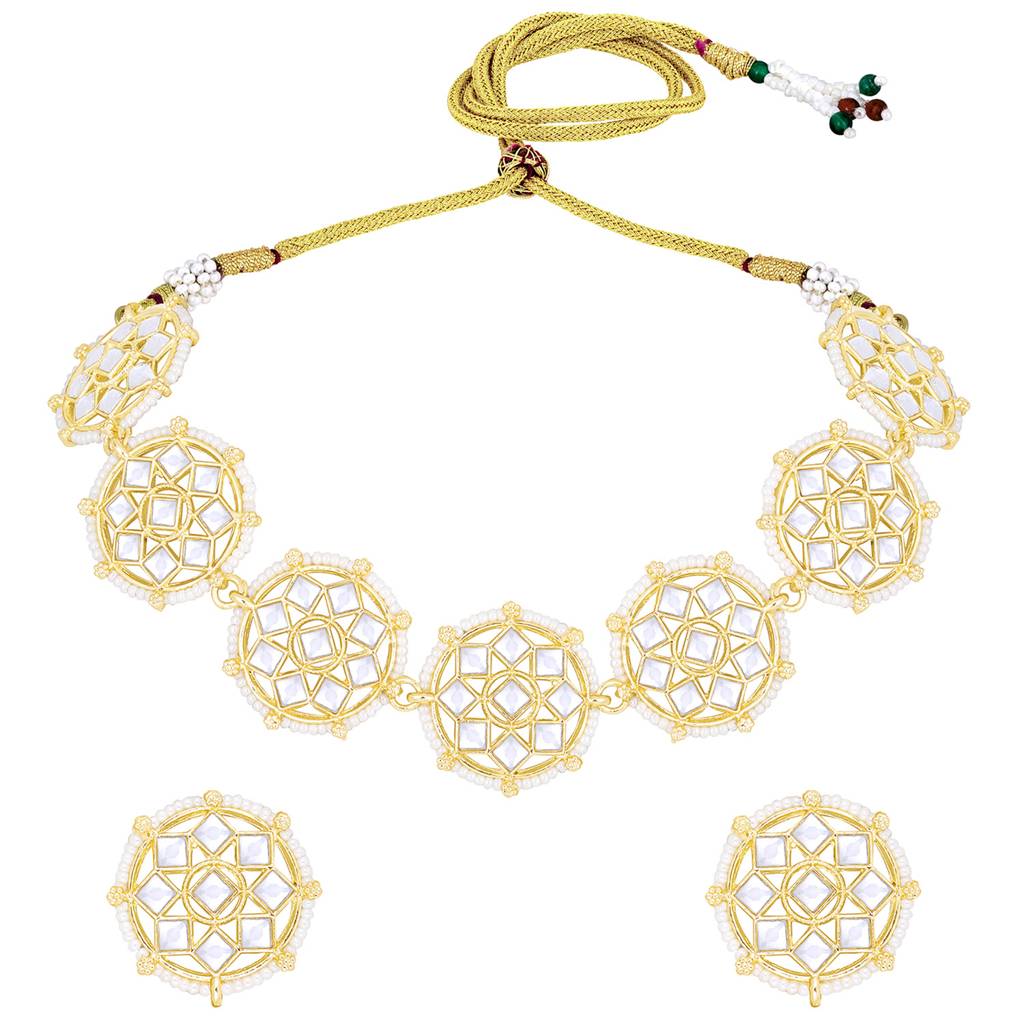 Peora Gold Plated White Kundan Beads Studded Choker Necklace Stud Earrings Set Ethnic Function Fashion Jewellery G : PF09N188W