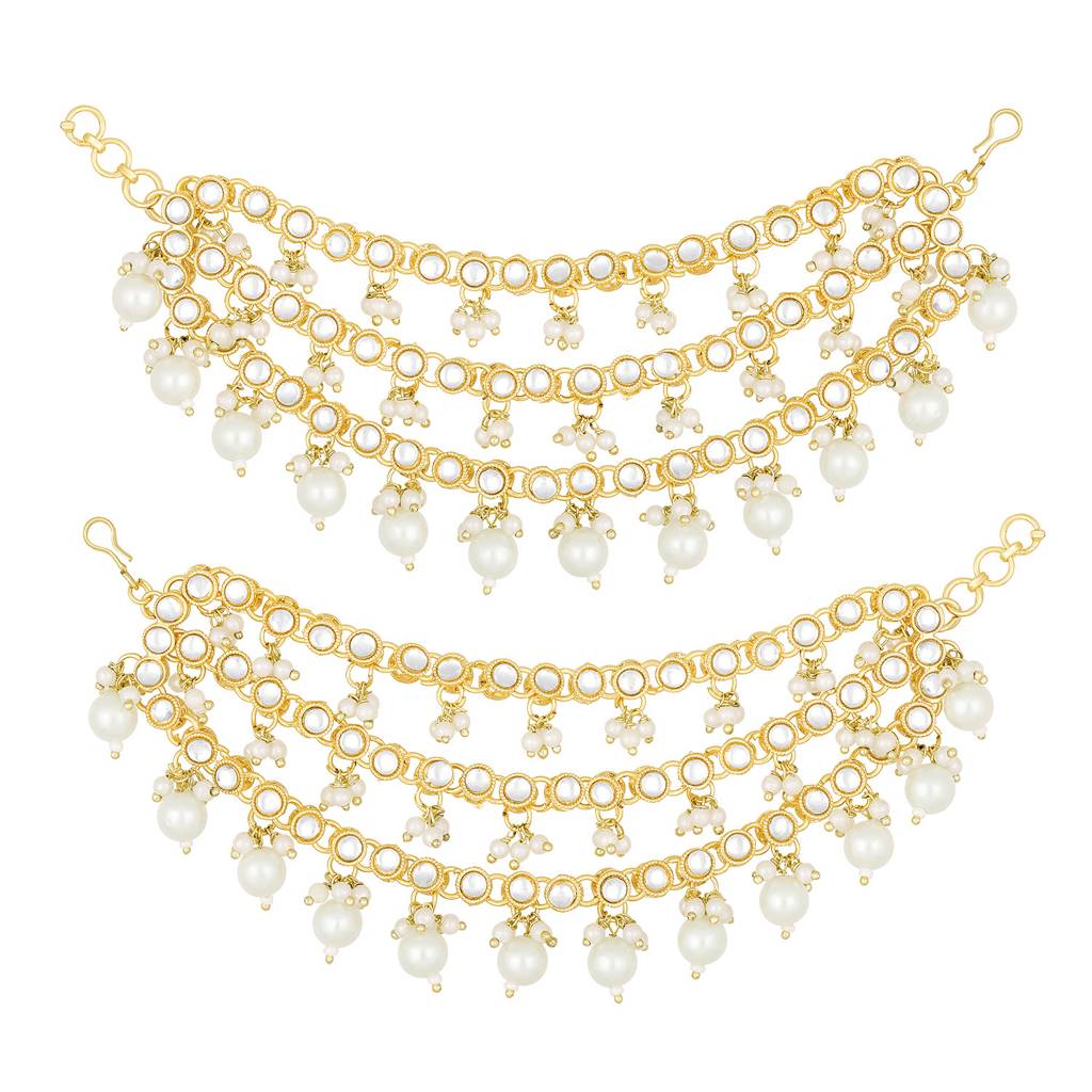 Peora Gold Plated White Kundan Studded Earrings Chain Ethnic Stylish Fashion Hair Accessories Jewellery Gift For  : PF09EC003W