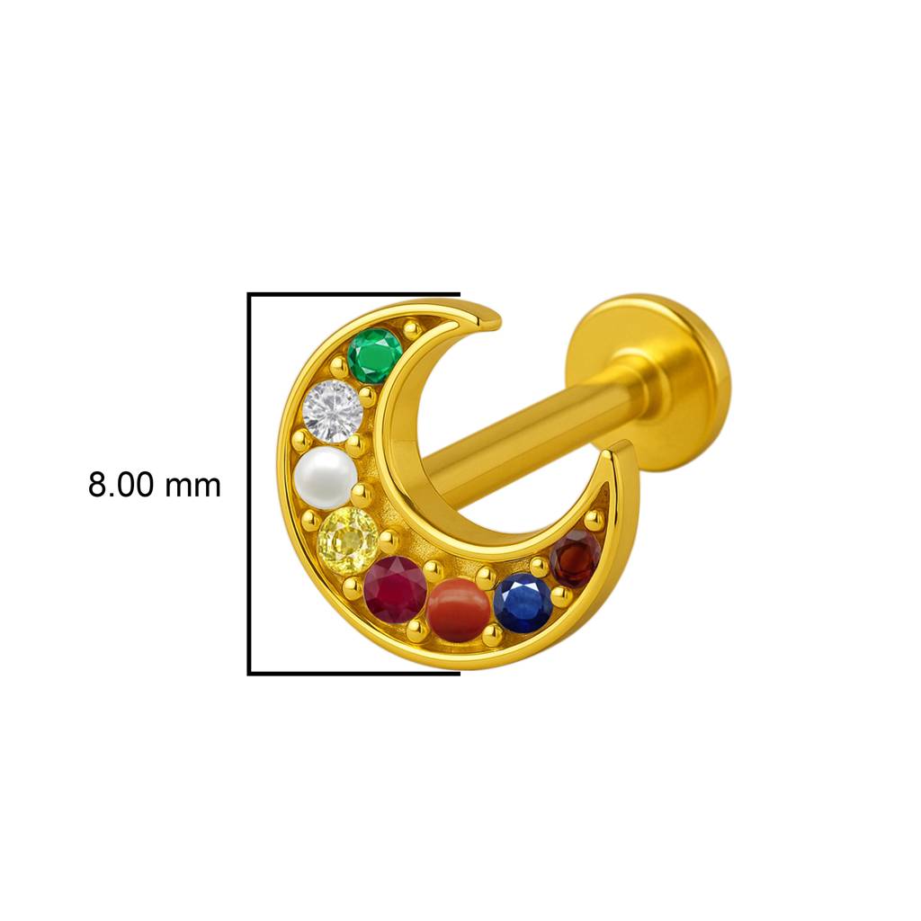 Crescent Moon Multigems Nose Pin 925 Sterling Silver Gold Plated : 0004-NP-snp-0056