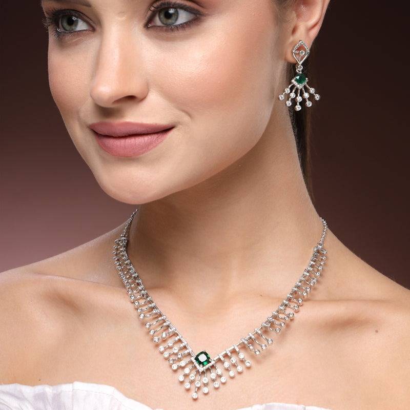 Lavish Glow: Rhodium Plated Green American Diamond Fringe Necklace Set – Timeless Elegant Jewelry For Weddin : AD-822-IRGNNKER