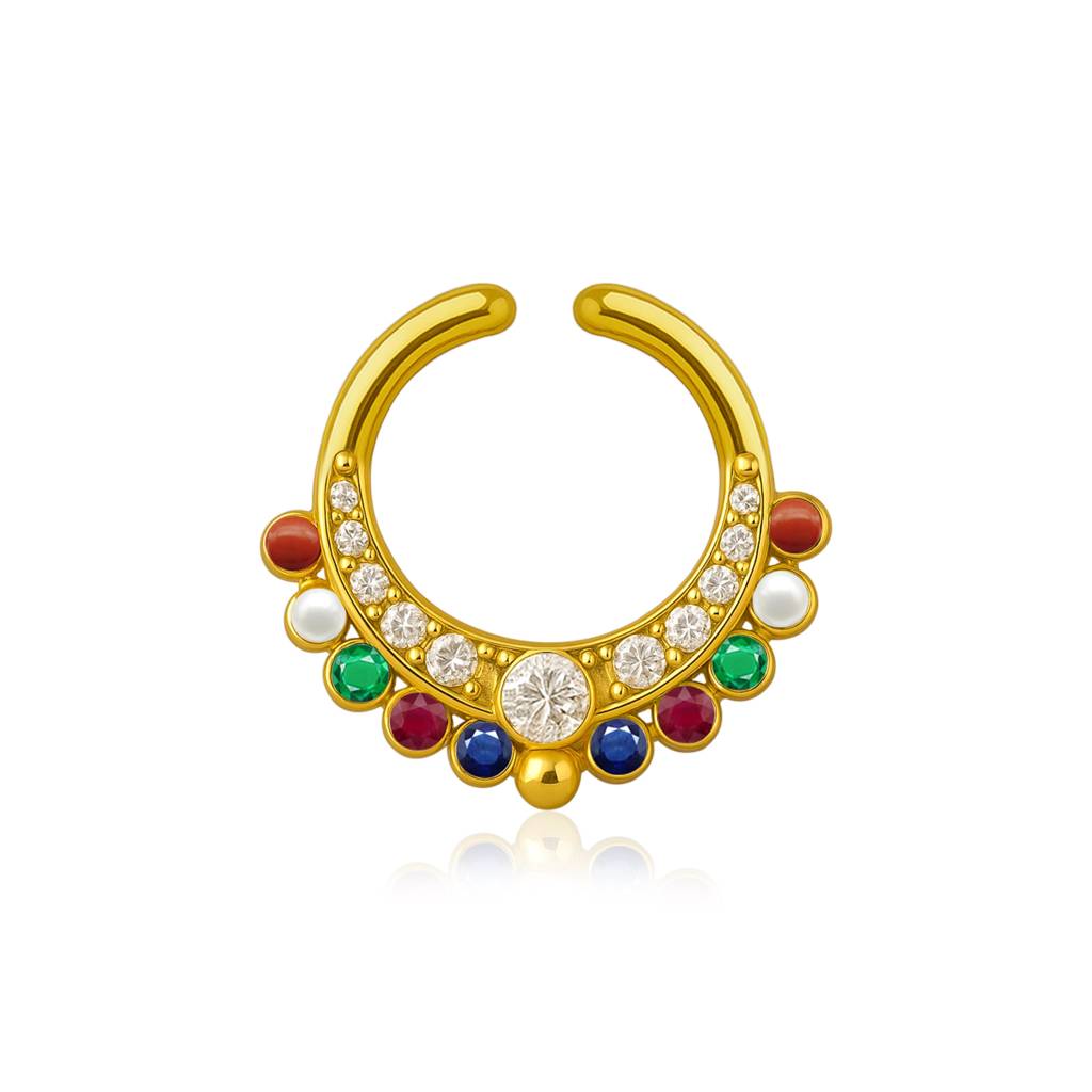Navratna Multi Gemstone Crescent Design Septum Nose Pin 925 Sterling Silver Gold Plated : 0016-NP-snp-0066