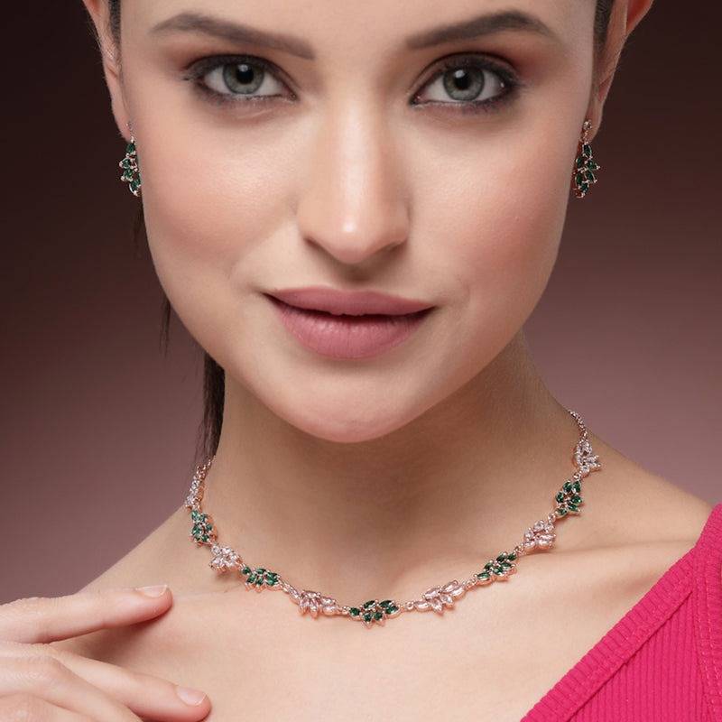 Royal Radiance: Rose Gold Plated Green American Diamond Necklace Set – Featherlight Sophisticated Jewelry  : AD-853-RGWEGNNKER