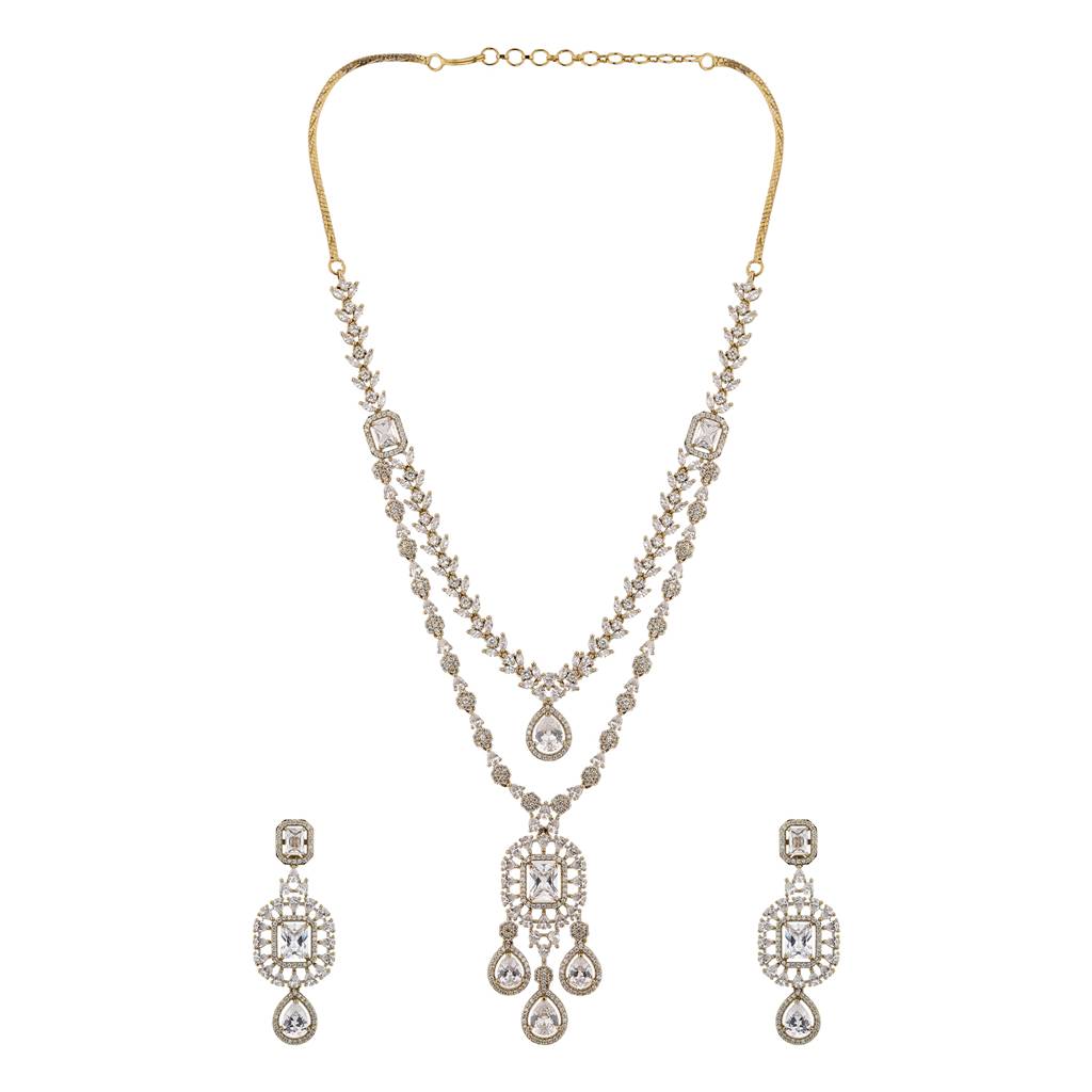 Sparkling Elegance Regal Cascade Cz Necklace Set For Women | Stylish Statement Mehendi Jewellery Set For Women : 8905124582963