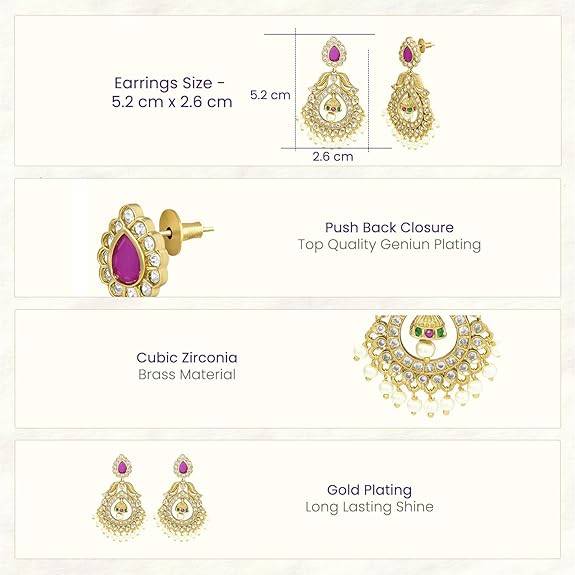 Ethnic Dangle Earrings For Women & Girls Gold Plated Faux Ruby & Cubic Zirconia Studded Festive Bridal Jewellery B : PF76E03RG
