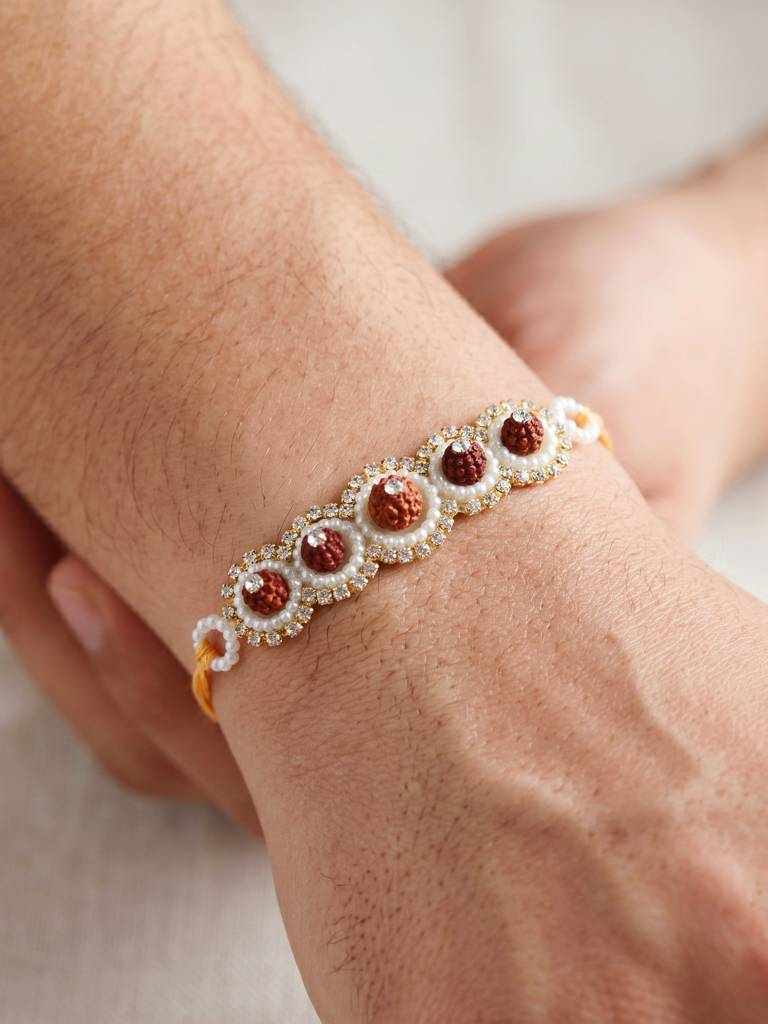 Designer Bhaiya Bhabhi Rakhi Set | Peach Floral Dangling Lumba & Traditional Brown Beaded Rakhi : 192-S7R1-PJ6605-PH