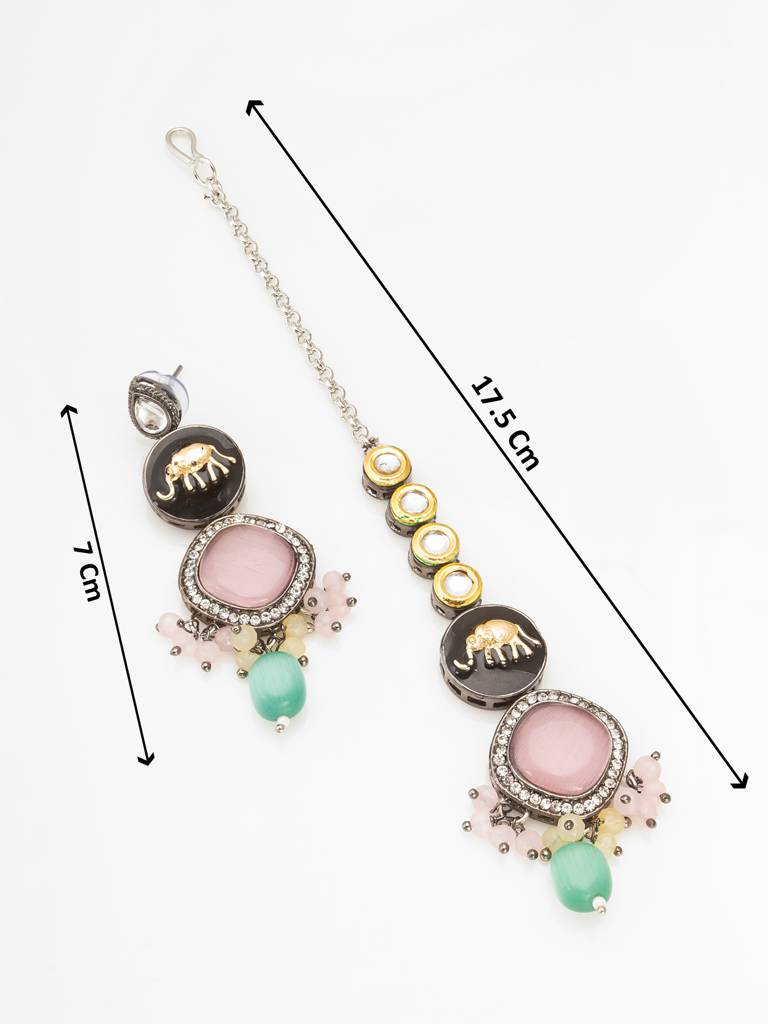 Oxidized Silver Elephant Motif Choker Necklace Set With Catseye Stones, Earrings And Maang Tikka : NK4266