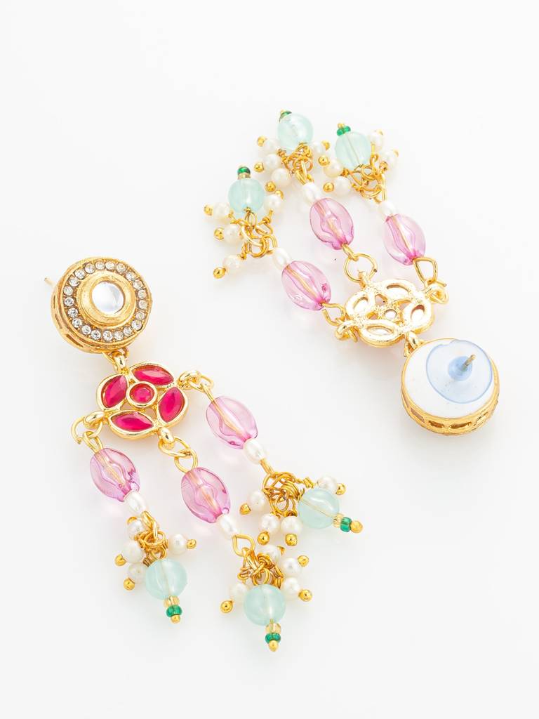 Gold Plated Multi-Strand Pearl And Pink Stone Rani Haar Set : NK4869