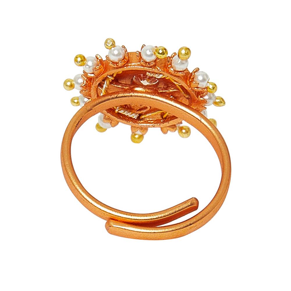 Adjustable Leaf Motifs Gold Toned Brass Faux Pearls Ring : 8905124444339