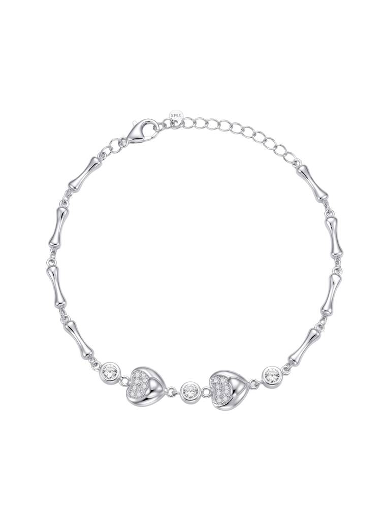 925 Silver Double Heart & Crystal Link Bracelet For Women : BR-63