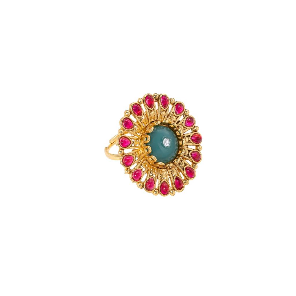 Gold Plated Ethnic Green Rani Pink Adjustable Finger Ring For Women : PF04R09RPG