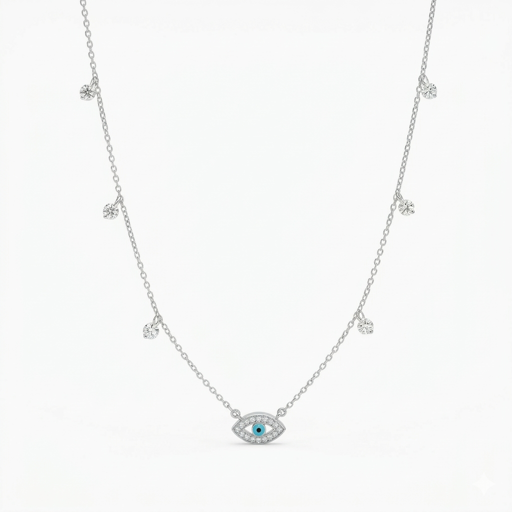 925 Sterling Silver Evil Eye Necklace – Sparkling Pavé Nazar Pendant With Dangling Cz Drops For Women : P8