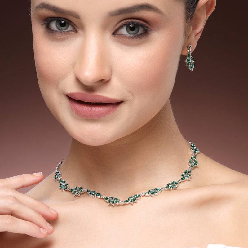 Exquisite Rhodium Plated Green American Diamond Floral Vine Necklace Set –– Signature Featherlight Jewelry F : AD-853-IRGNNKER