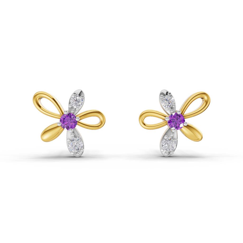 Lab Grown Diamond 0.05Ct Round 925 Sterling Silver Gold Plated Floral Earrings : SQT19728-EG-925S-005CT