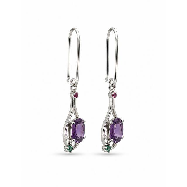 925 Sterling Silver Amethyst & Ruby Gemstone Dangle Earrings For Women : FU-1363