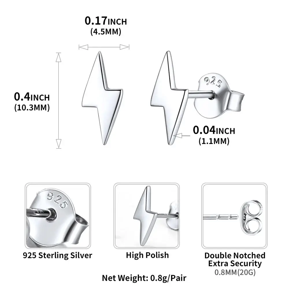 Lightning Bolt Stud Earrings - 925 Sterling Silver 18K Gold Plated : ER-00698