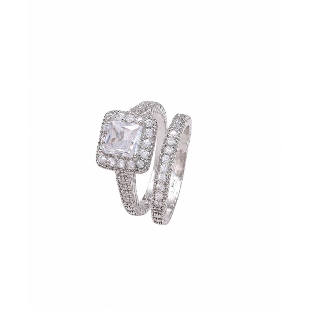 Silver Plated Fancy Solitaire & Eternity Finger Ring For Women Us 7, Set Of 2 Crystal & Cz Studded Festive & Cas : PX9R3074W-7