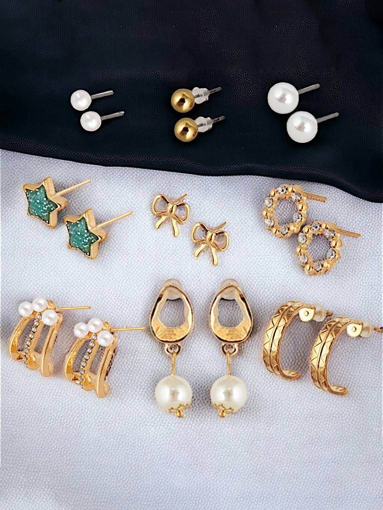 9 Pairs Combo Earrings- Gold Plated Studs, Earcuff And Drops : 195-CHEX-1013B-9