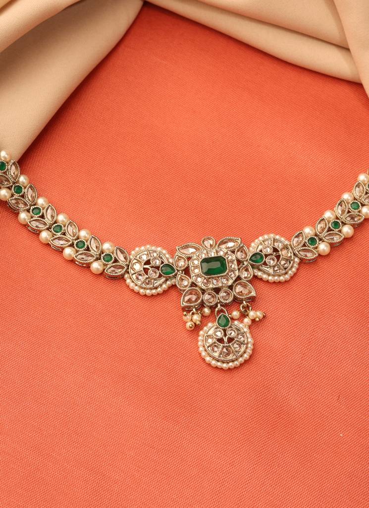 Traditional Paisley And Leaf Design Pearl Green Kundan Stone Antique Gold Plated Kamarband For Women And Girls : 6BL65_GREEN