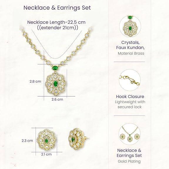 Green Pendant Style Necklace Earrings For Women & Girls Gold Plated Faux Emerald & Crystals Studded Festive Occasio : PF76N05G
