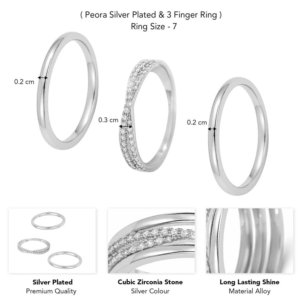 Silver Plated Cubic Zirconia Studded Set Of 3 Band Ring Contemporary Jewellery For Women (Us 7) : PX9R2028S-7