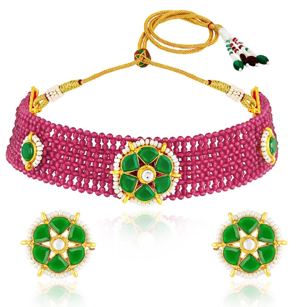 Peora Gold Plated Crystals & Beads Studded Rani Pink Green Necklace & Stud Earrings Traditional Jewellery Set For : PF104N19RG