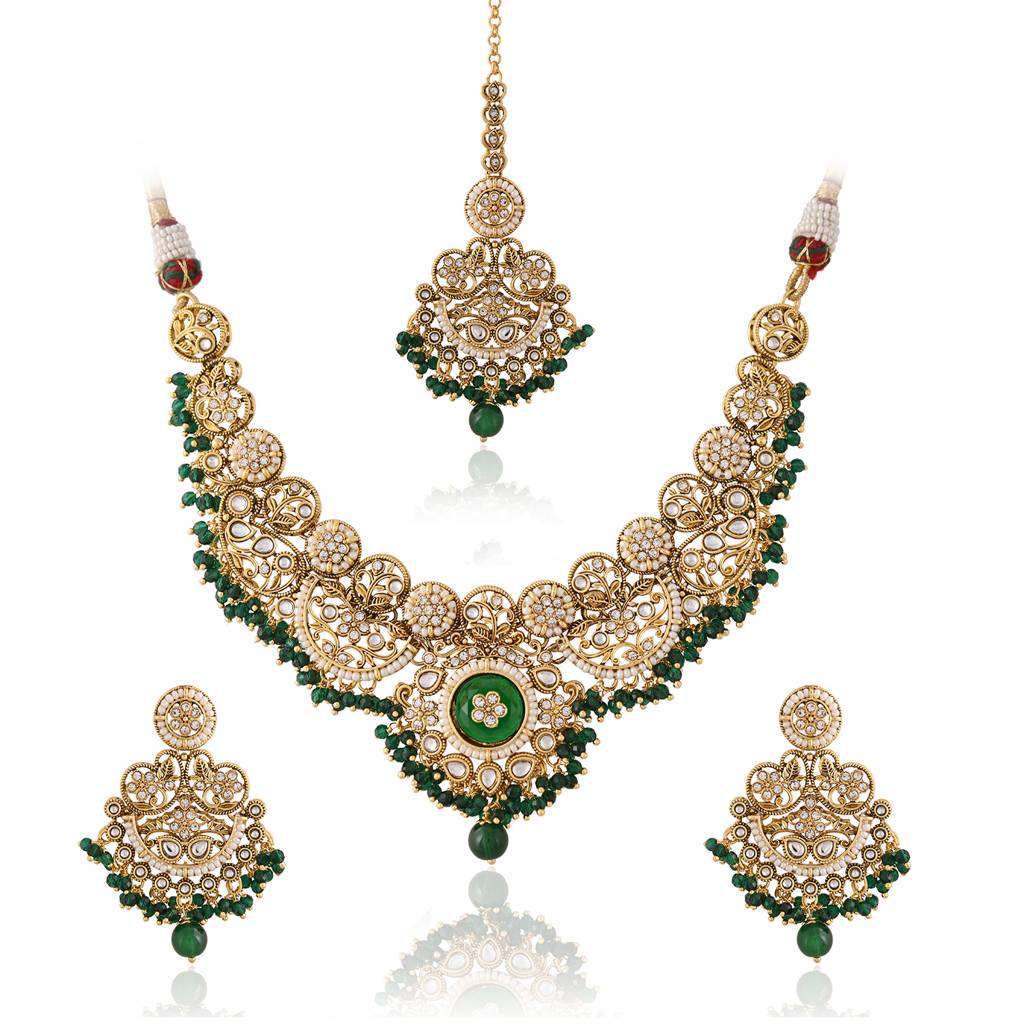 Kundan Opulance Green Cz-Pearl Yellow Gold-Plated Short Necklace Set : 8905124585315