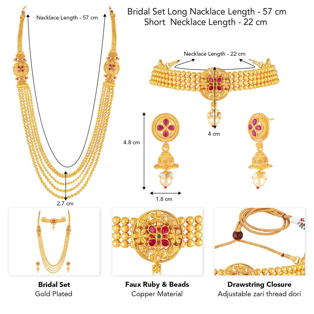 Peora Gold Plated Faux Ruby & Beads Studded Short & Long Necklace Earrings Bridal Set Ethnic Jewellery For Women  : PF04BR04RG