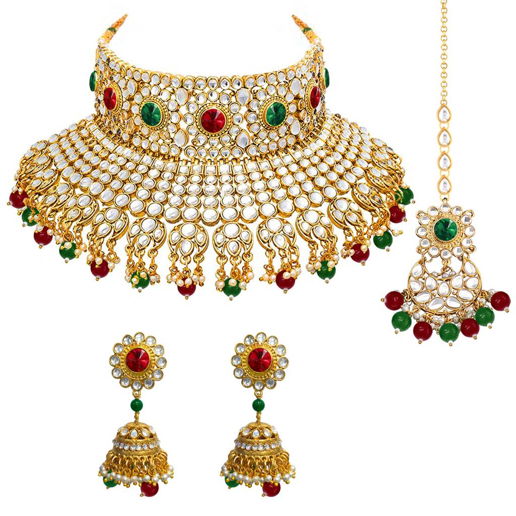 Peora Red & Green Gold Plated Kundan Embellished Handcrafted Jewellery Set For Women Girls : PF26N1295MG