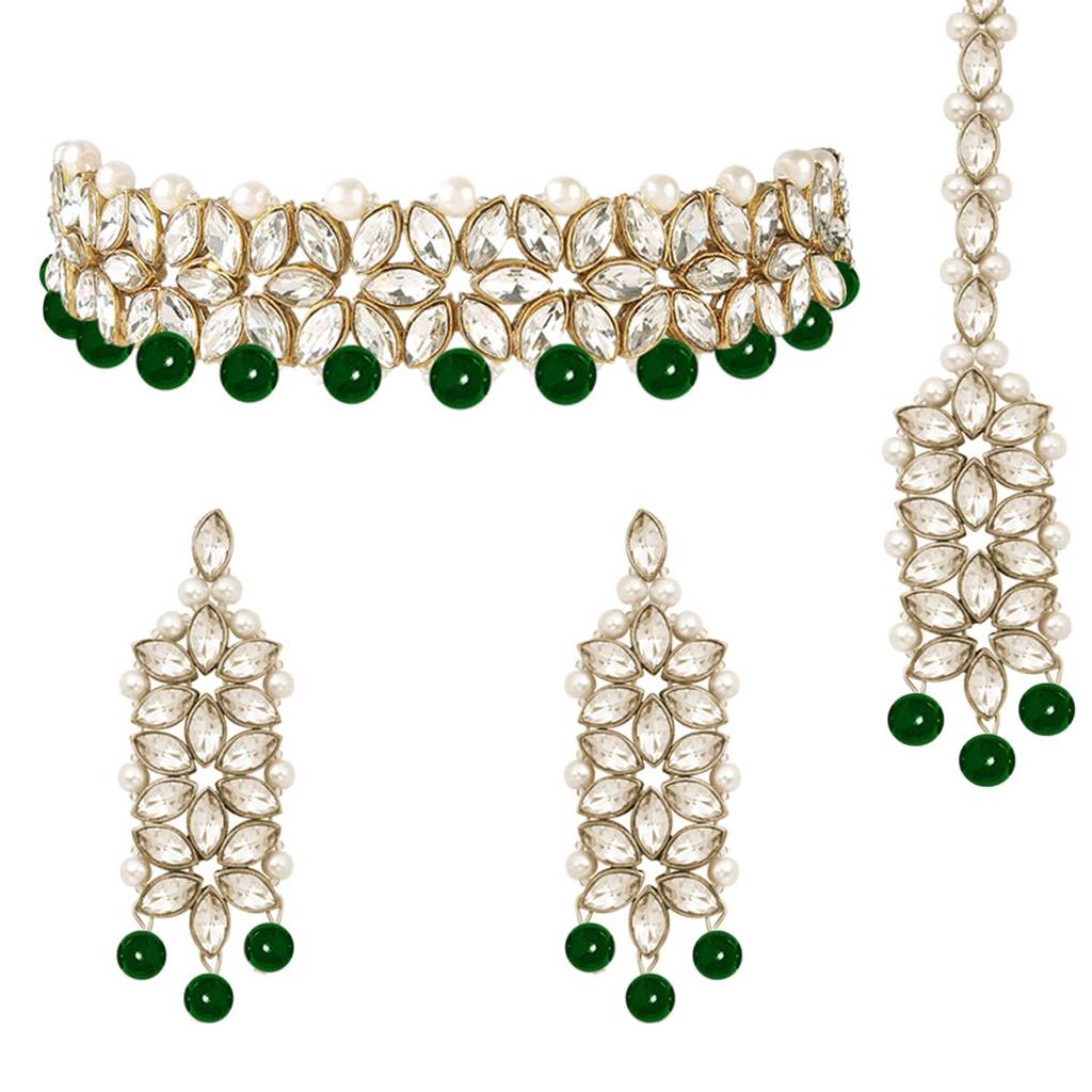 Indian Traditional Gold Plated Kundan Green Faux Pearl Wedding Bridal Choker Necklace Jewellery Set With Earring : PF25BRC105G