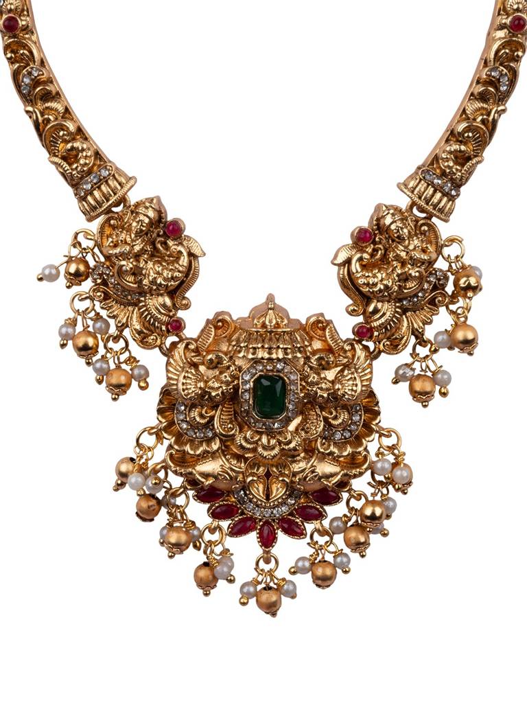 Classic South Indian Temple Golden Necklace Set : SATJS368GOLDEN