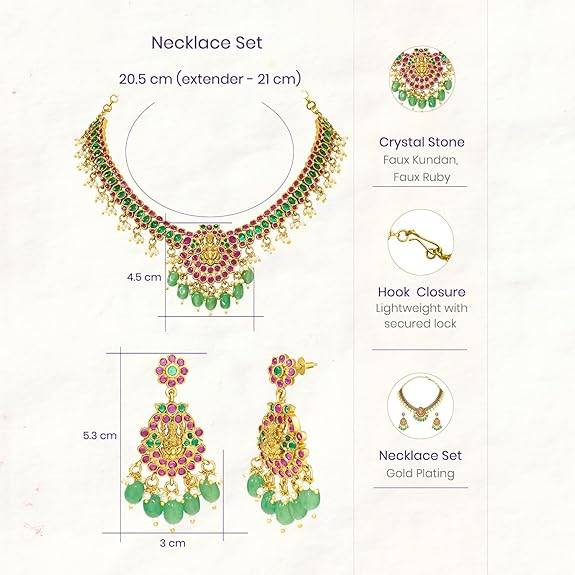 Rani Pink Green Ethnic Necklace Earrings For Women & Girls Gold Plated Faux Ruby Emerald & Beads Studded Festive  : PF76NT01RG