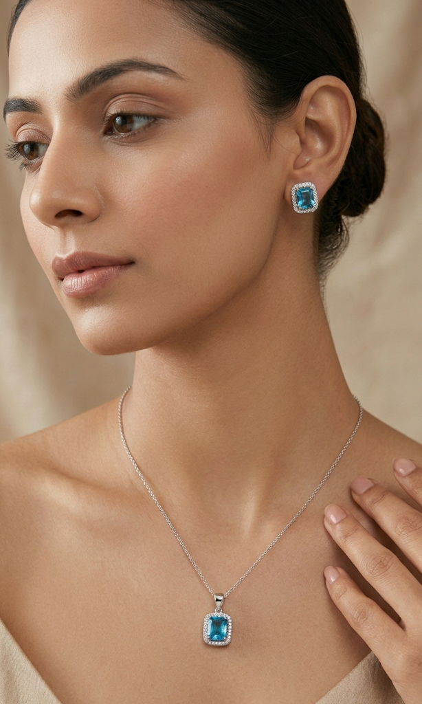 925 Sterling Silver Blue Stone Jwellery Set With Chain : SMK-PD-SET-001-CHN