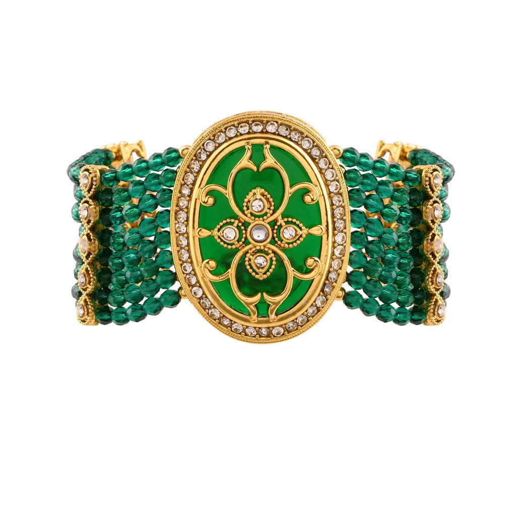 Kundan Opulance Green Cz-Pearl Beaded Yellow Gold-Plated Bracelet : 8905124585421