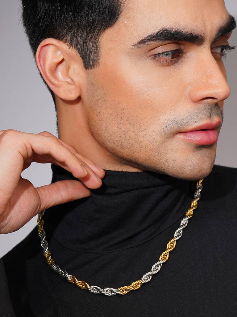 18K Gold & Silver Rhodium-Plated Waterproof Stainless Steel Rope Chain : AN-LJ-GO-0006-DC-M