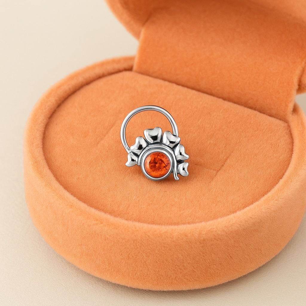 Citrine Stone With Heart Leaf Motif Nose Pin - Sterling Silver : NP00020_925S_OX_CT