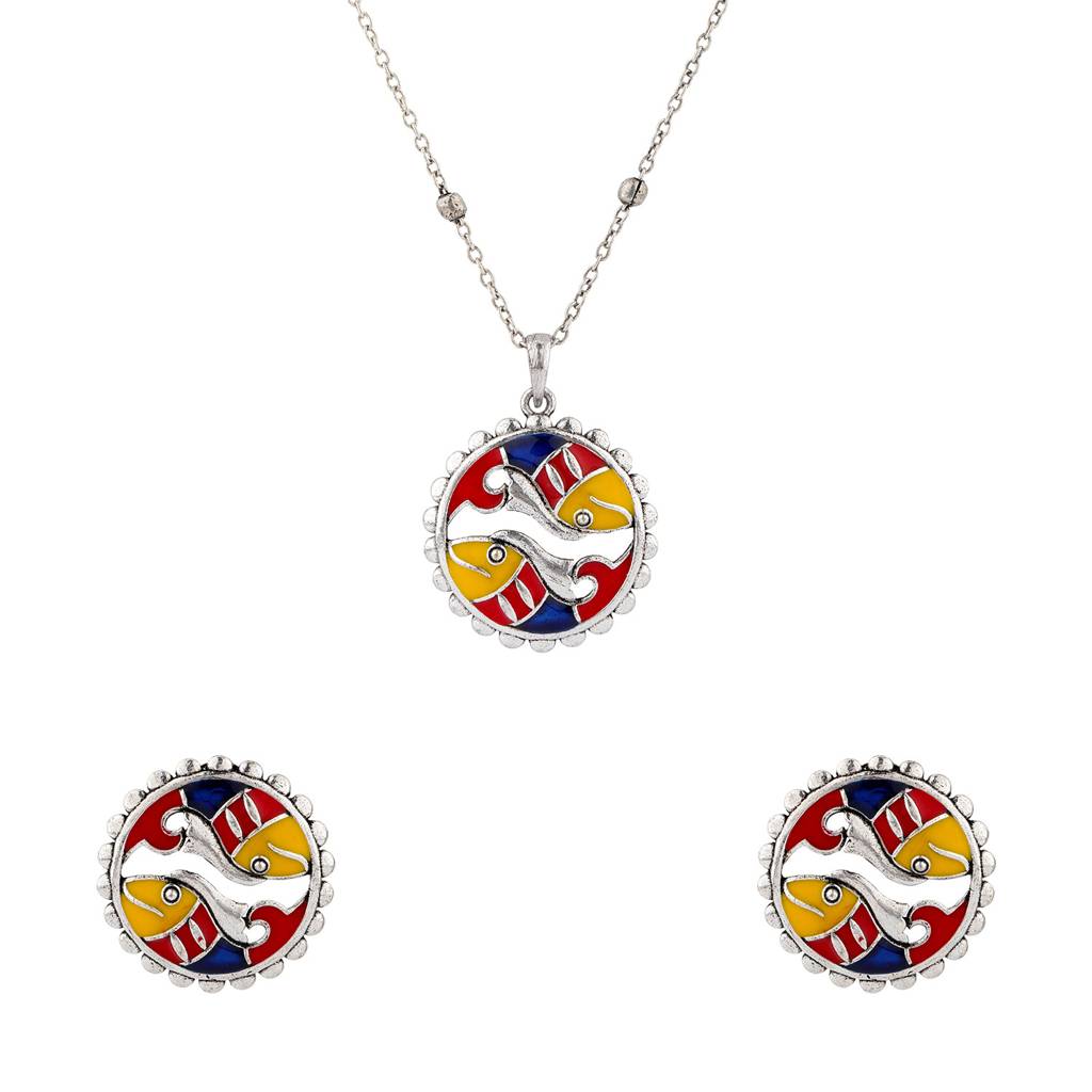 Madhubani Madhur Matsya Oxidised Enamel Pendant Set : 8905124560824