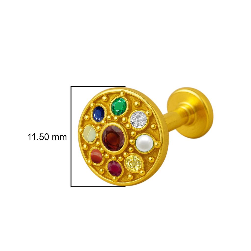 Navratna Round Mandala Multigems Nose Pin 925 Sterling Silver Gold Plated : 0005-NP-snp-0057